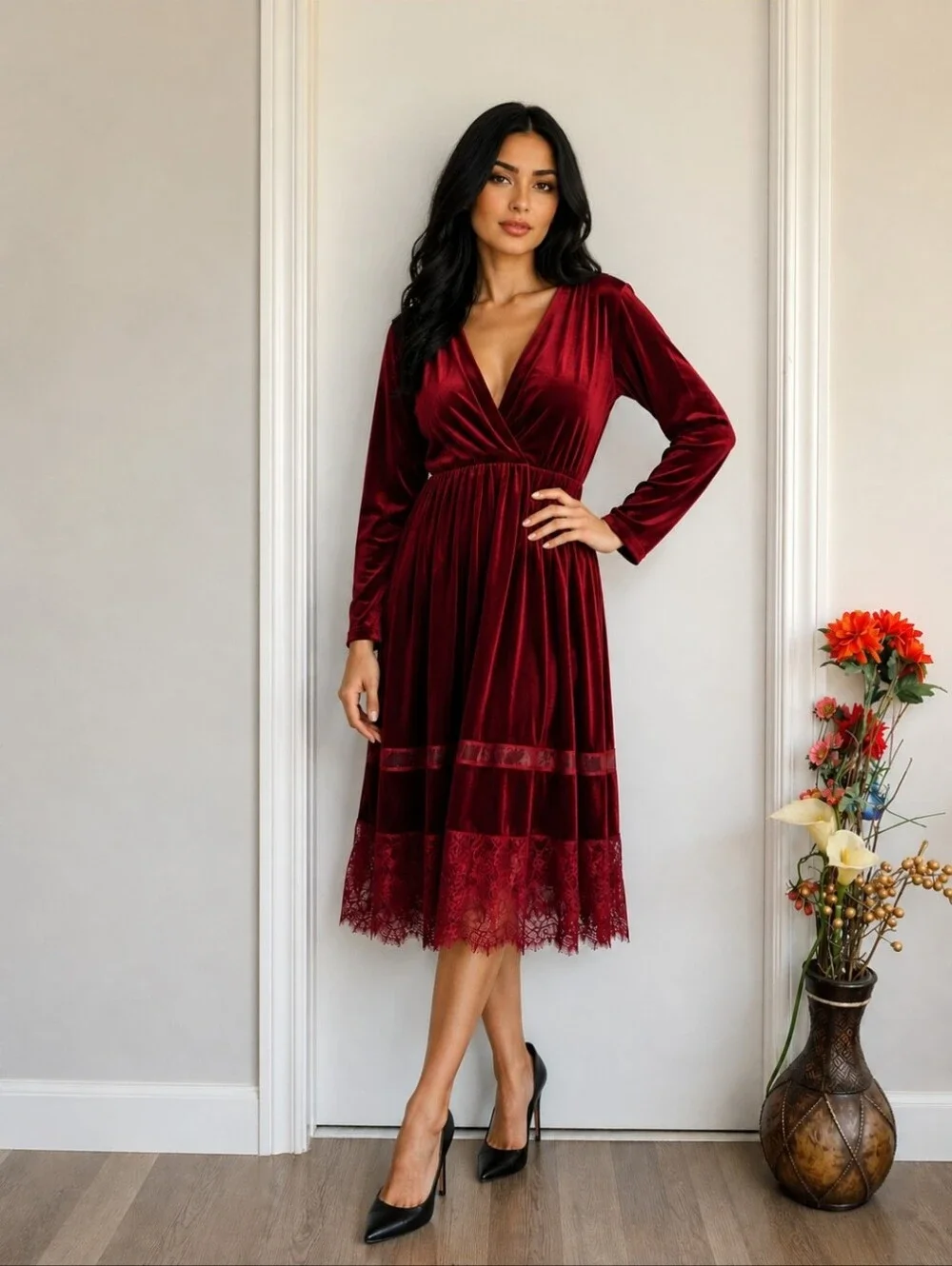 Dresses | Burgundy Velvet Boho Dress Lace Trim Hemline Long Sleeve Empire  Waist Midi Dress | Poshmark